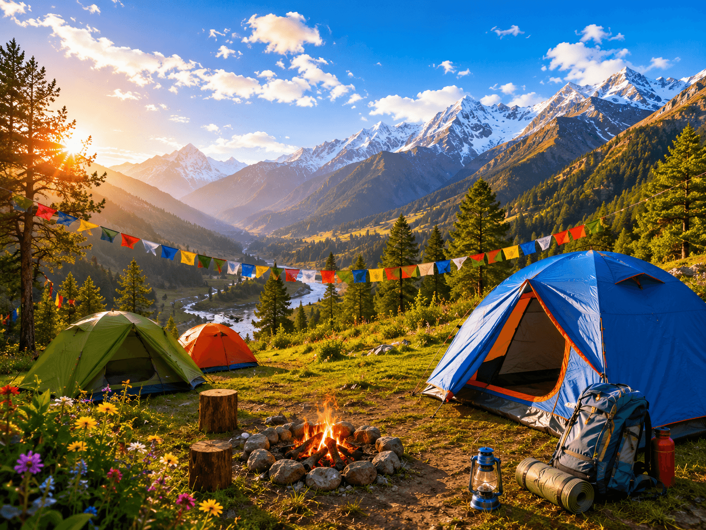 Travelers exploring a dramatic mountain landscape on an adventure journey