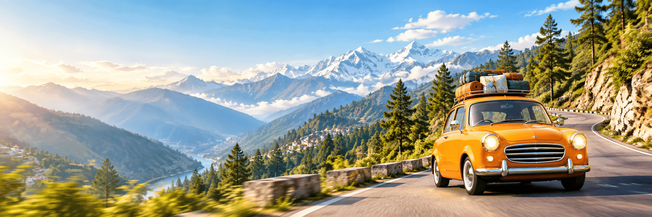 White taxis on a mountain road in Uttarakhand, with a traveller checking the route on her phone