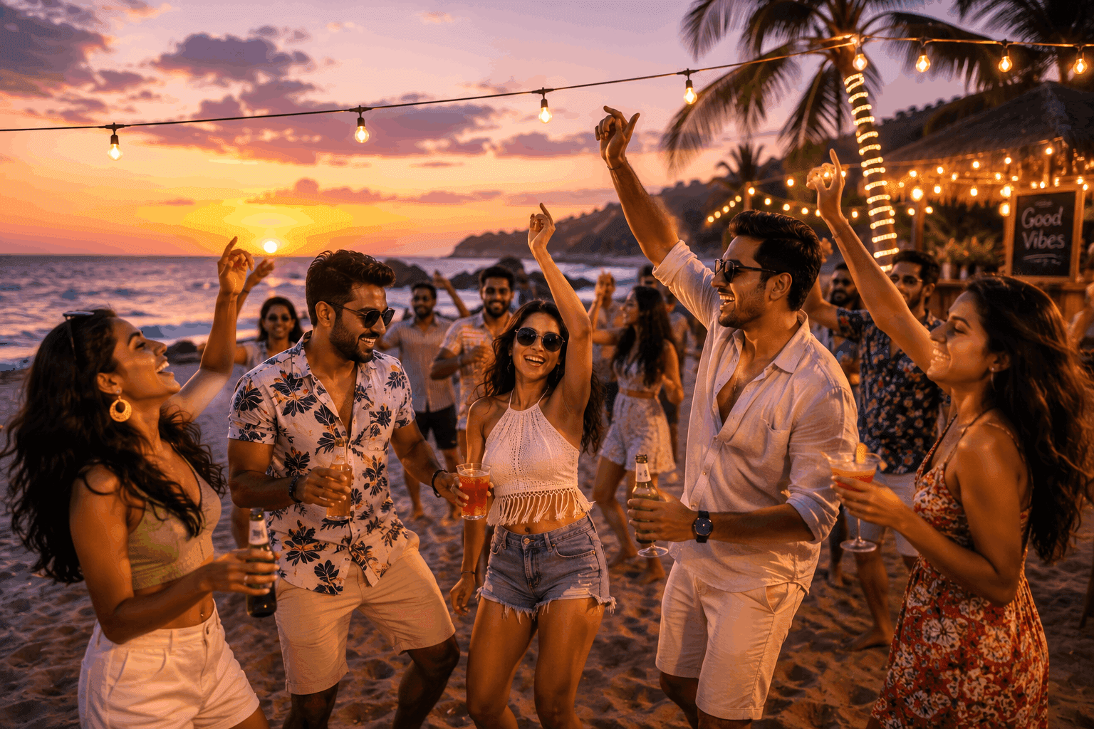 Colleagues celebrating together at a sunset beach gathering