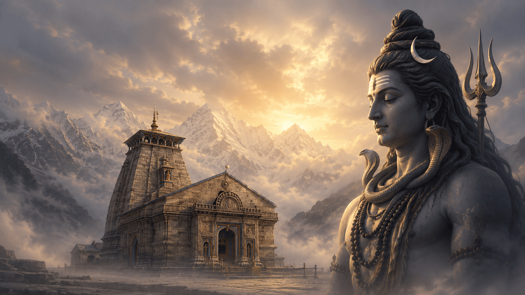 A sacred temple set against a dramatic mountain landscape