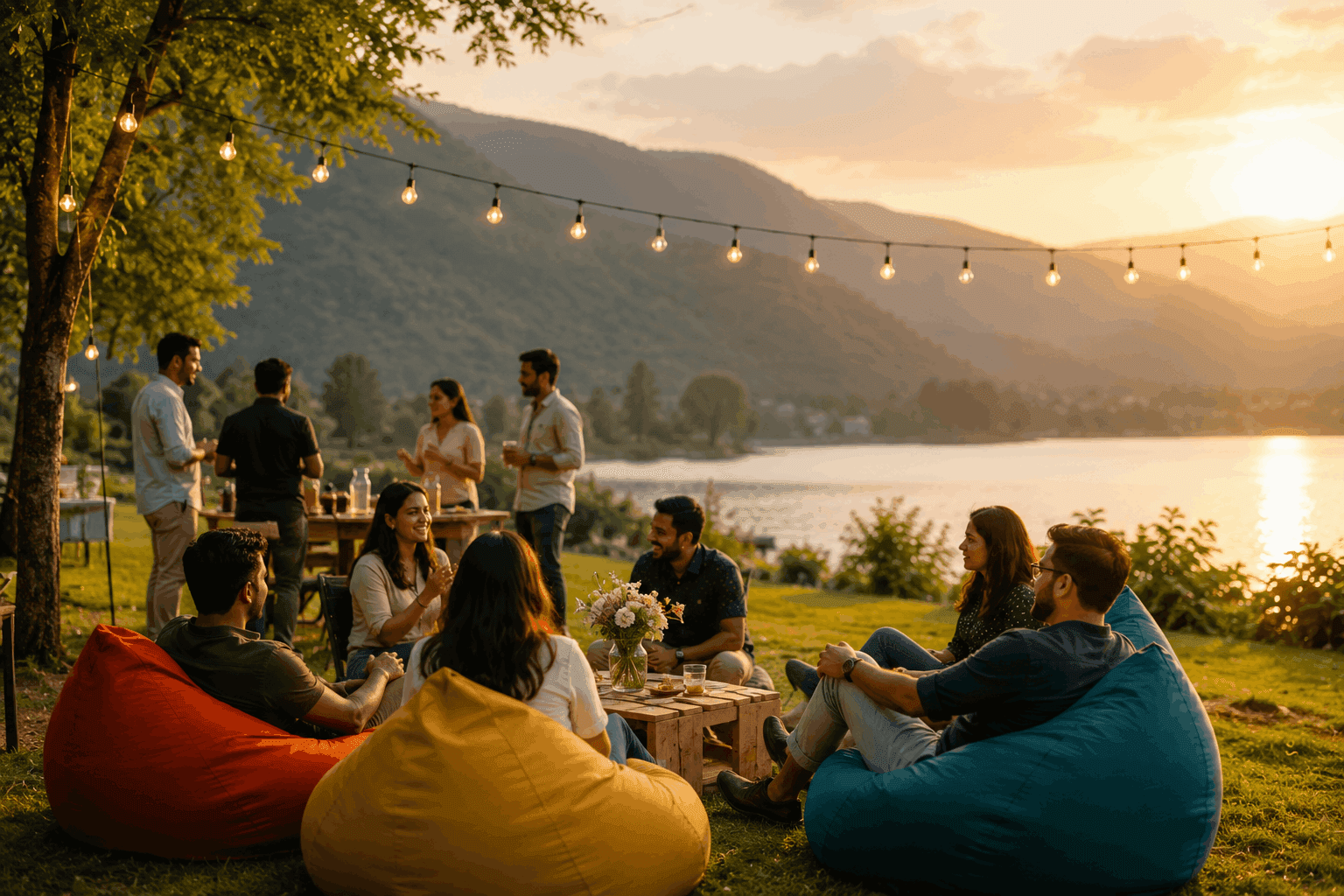 Corporate team gathering in a calm retreat setting